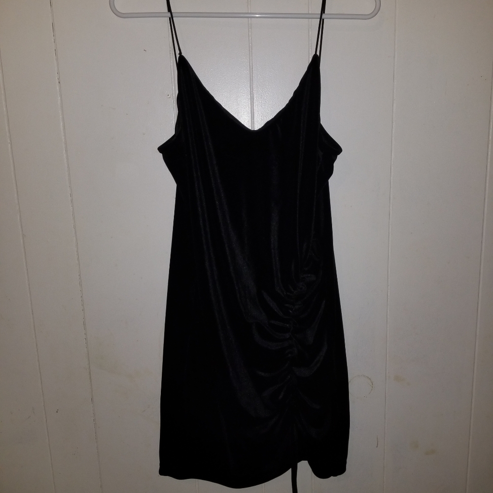 Zaful Black Velour Ruched Drawstring Dress